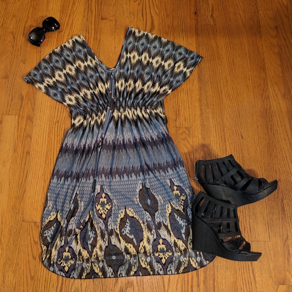 Bohemian Blue and Yellow Elastic Waist Dress